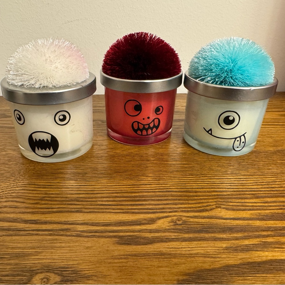 Cute "Monster Face" Soy Wax Candles with Pom-Pom Lids (Set of 3) GUC
